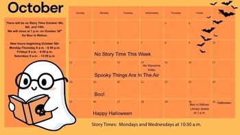 Story time calendar for October. Week 1 there is no story time, 2 is